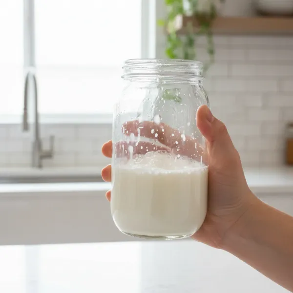 A hand vigorously shaking a glass jar filled halfway with milk to create foam.