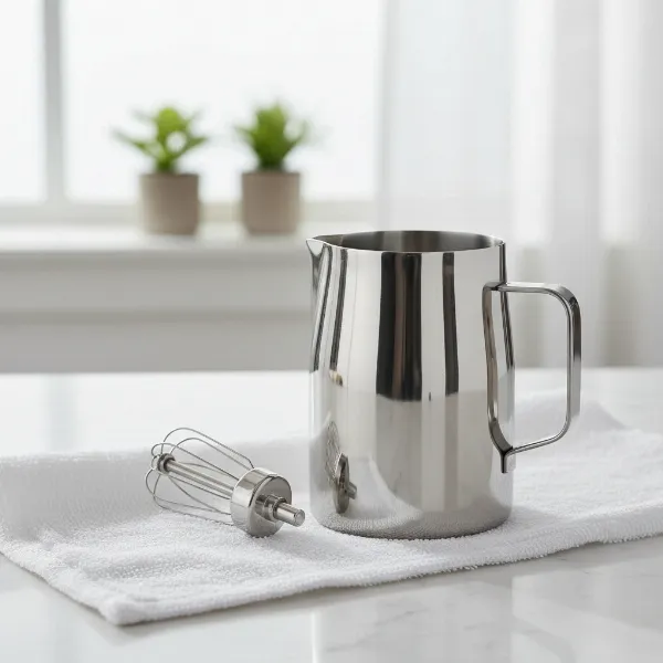 A clean milk frother whisk and carafe, thoroughly dried after use, ready for storage.