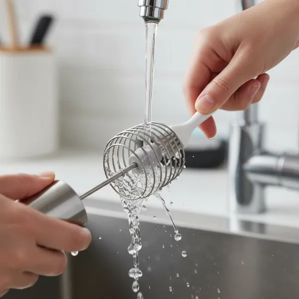 Hand cleaning a detachable milk frother whisk with a small brush under running water, emphasizing proper maintenance.