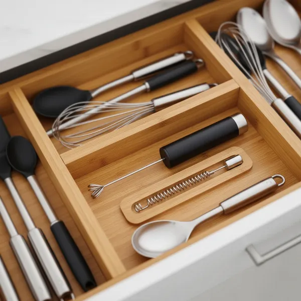 A handheld milk frother stored securely in a kitchen drawer organizer, protected from damage.