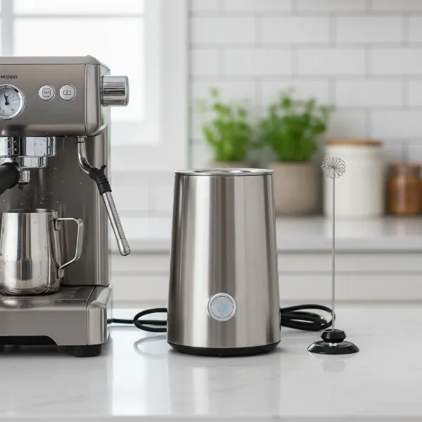 Various milk frothers including an espresso machine wand, automatic frother, and handheld whisk.