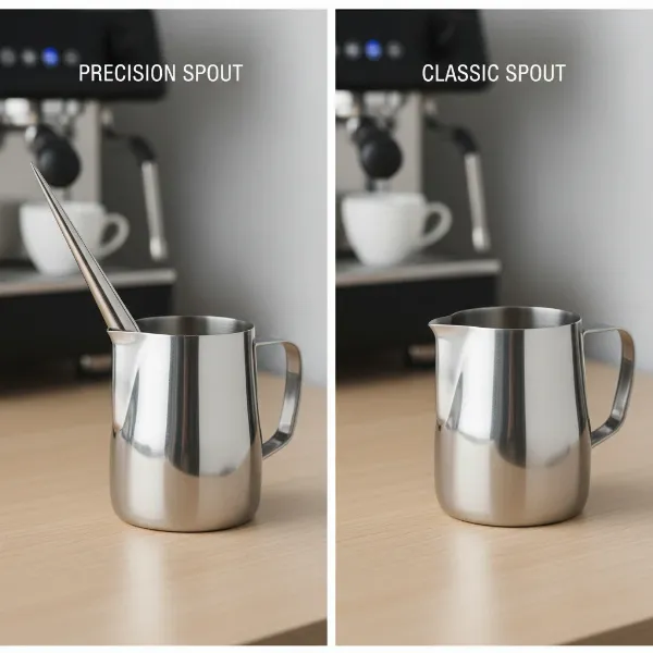Two different stainless steel milk pitchers side-by-side, showcasing a narrow pointed spout and a wider rounded tulip spout.