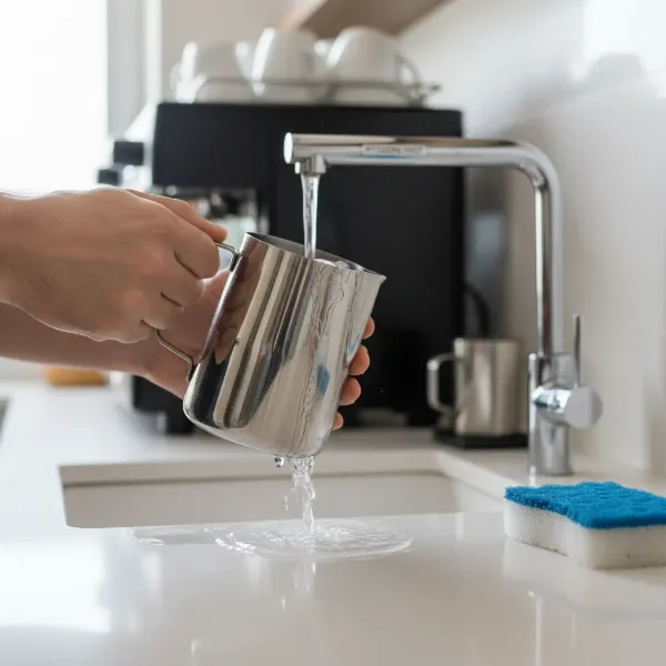 A person cleaning a milk steamer pitcher after use, emphasizing hygiene for longevity