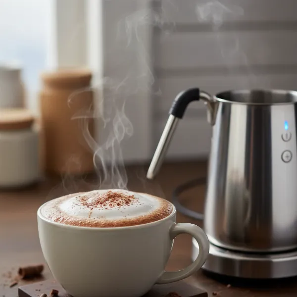 Creamy hot chocolate in a mug, beside a milk steamer machine, ready to be enjoyed.