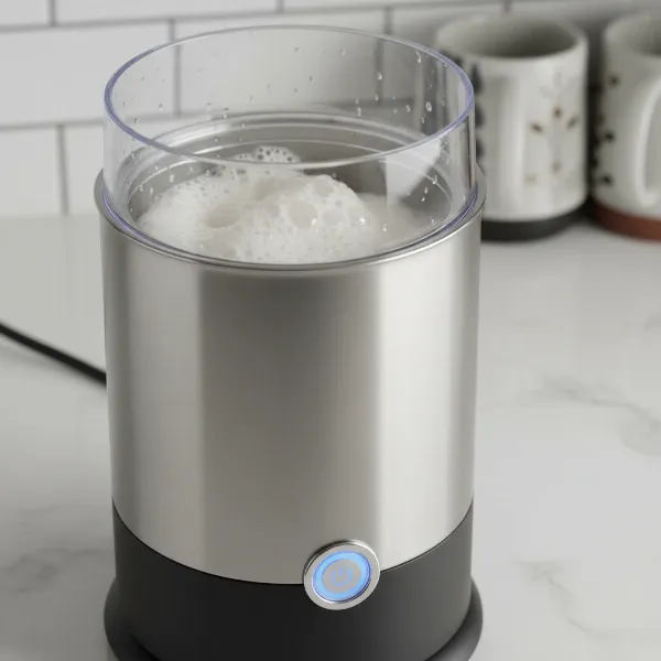Miroco electric milk steamer with milk being frothed, highlighting its one-button operation.