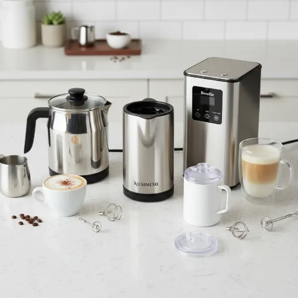 A collection of various modern automatic electric milk frothers for home coffee brewing.