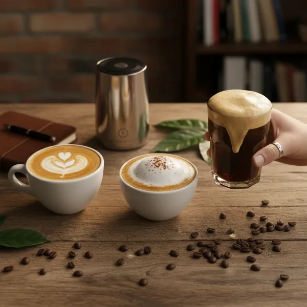 Various coffee drinks (latte, cappuccino, cold foam) made with Nanofoamer Pro Gen 2