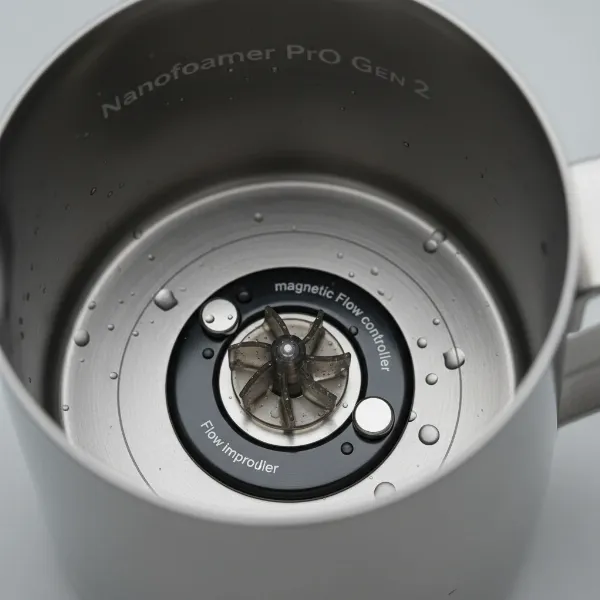 Close-up of Nanofoamer Pro Gen 2 impeller and flow controllers inside the jug