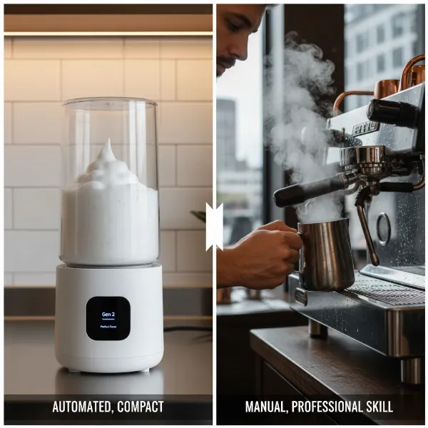 Side-by-side comparison of Nanofoamer Pro Gen 2 and a traditional espresso machine steam wand