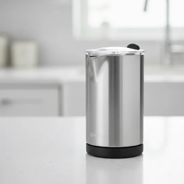 A Nespresso Aeroccino 3 milk frother with its simple, cylindrical design and compact size.