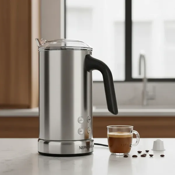 The Nespresso Aeroccino 4 milk frother with its ergonomic handle, pouring spout, and stainless steel finish.