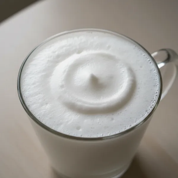 Close-up of perfectly frothed milk in a cup, ready for latte art, showcasing a creamy texture.