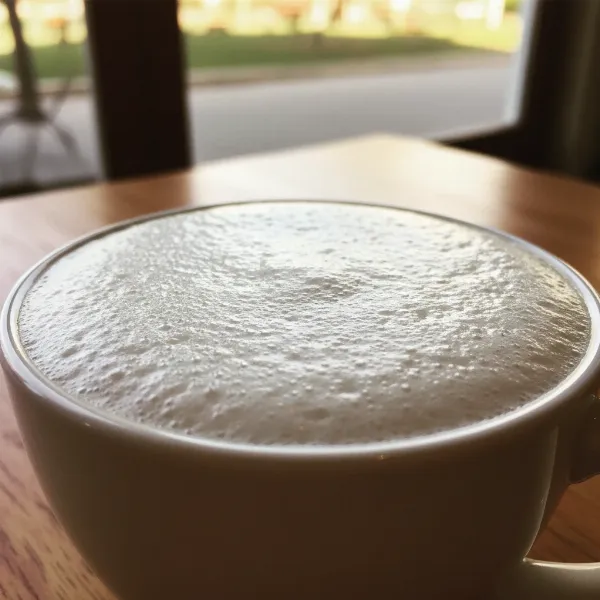Close-up of fine, creamy milk froth in a cup, ready for a cappuccino or latte.