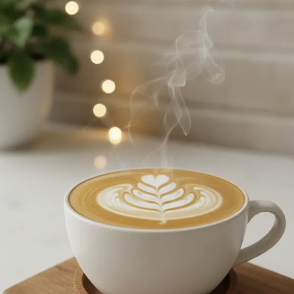 A close-up of a perfectly frothed latte in a ceramic mug, showcasing beautiful latte art and creamy texture.