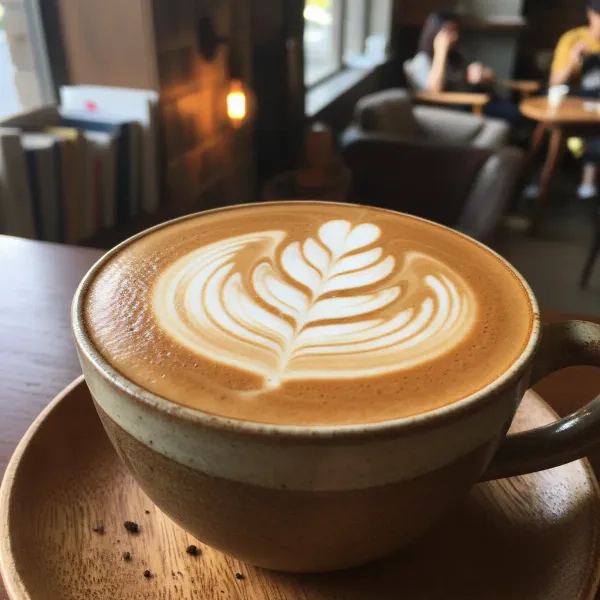 Close-up of a perfectly frothed latte with intricate coffee art, showcasing creamy microfoam.