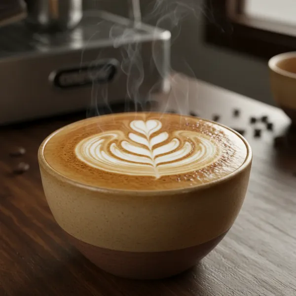 Close-up of a perfectly frothed latte with delicate latte art, showcasing microfoam.