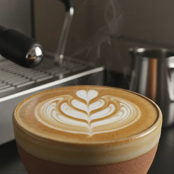 Close-up of a perfect latte with intricate latte art, showing rich microfoam.