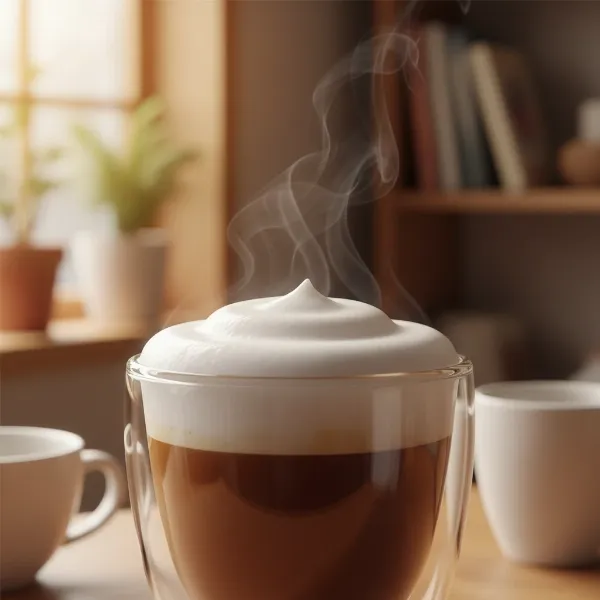 A close-up of a cup of coffee with thick, creamy, stable milk froth, ready for latte art.