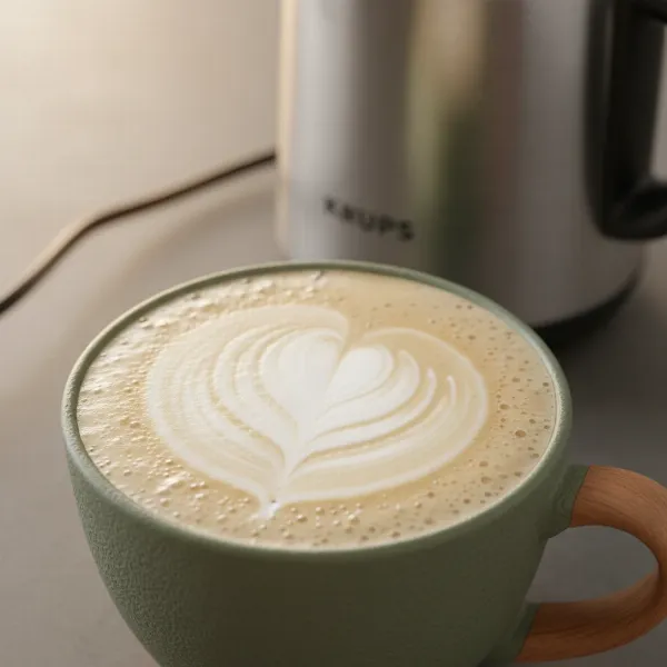 A cup of perfectly frothed milk with latte art, demonstrating quality foam.