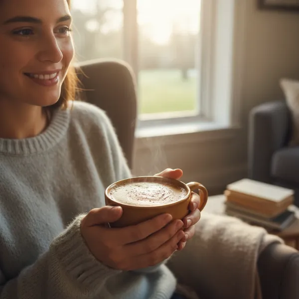 Happy person holding a mug of frothed coffee, enjoying a homemade beverage.