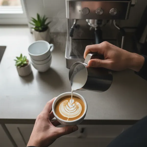 Person pouring perfectly frothed milk into coffee, demonstrating home barista skill.