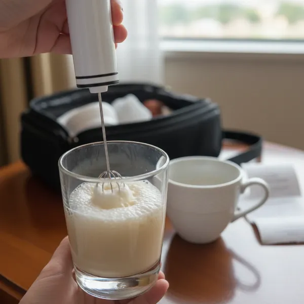 A close-up of a hand frothing milk in a glass cup with a battery-operated milk frother while traveling.