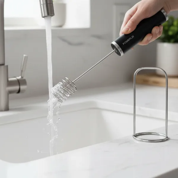 The PowerLix frother being rinsed under a tap, with its stand nearby.
