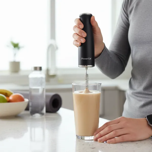 A person using the PowerLix frother to mix a protein shake in a glass.