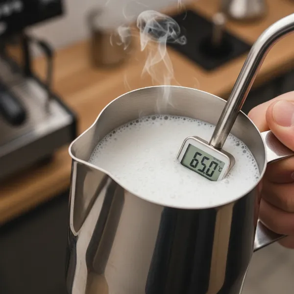Close-up of milk frothing in a pitcher, showing fine bubbles and steam, with a thermometer for temperature control.