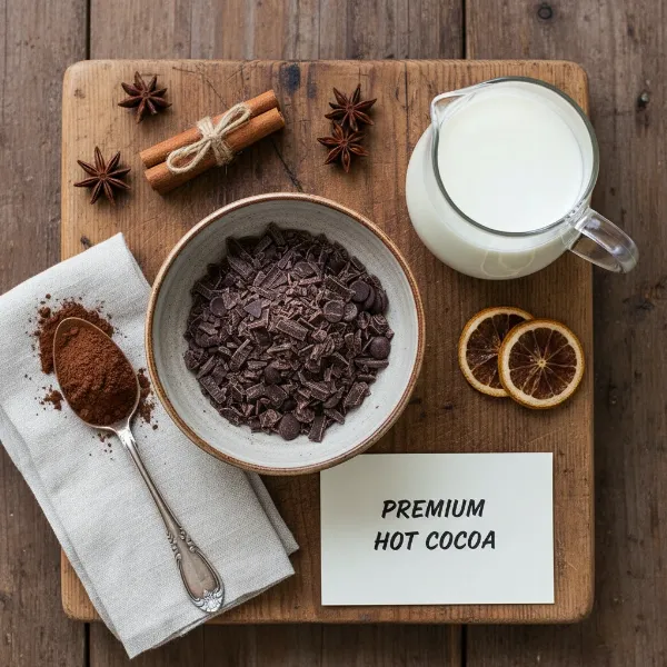 High-quality chocolate chips, milk in a pitcher, and cocoa powder, essential hot chocolate ingredients.