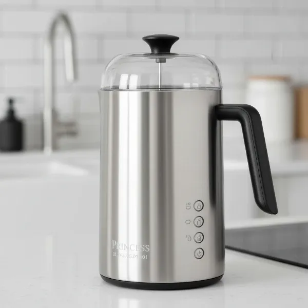 Princess milk frother with stainless steel accents and sleek modern design in a kitchen setting.