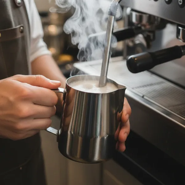 Barista demonstrating correct milk steaming technique, creating a vortex and microfoam in a pitcher.