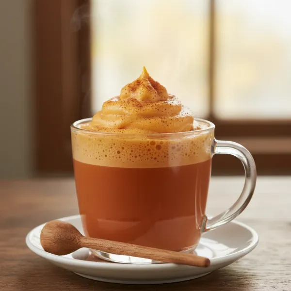 A perfectly made pumpkin spice latte in a clear glass mug topped with thick, creamy pumpkin spice foam and a sprinkle of cinnamon.