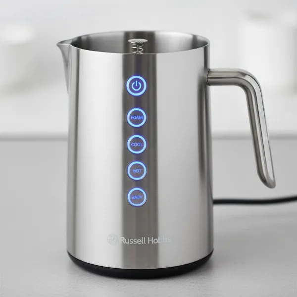 Close-up of the Russell Hobbs RHCMF20 milk frother, highlighting its control panel and stainless steel jug.