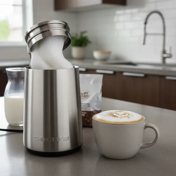 Secura automatic milk frother making creamy foam for a delicious latte at home.