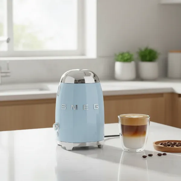 A Smeg Retro Milk Frother in a kitchen next to a freshly frothed latte in a glass cup.
