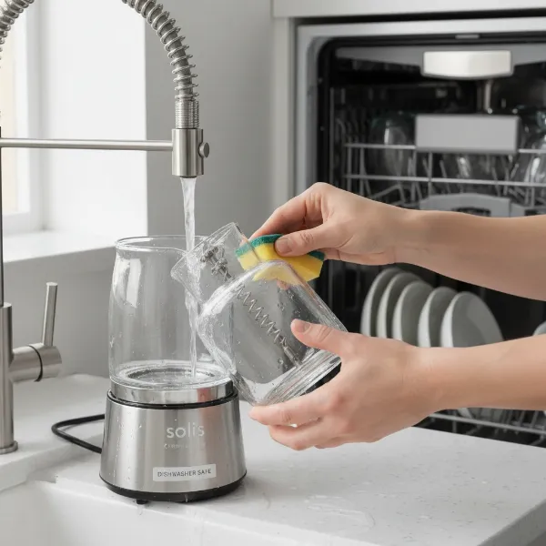 Hands easily cleaning the dishwasher-safe parts of a Solis Cremalatte milk frother.