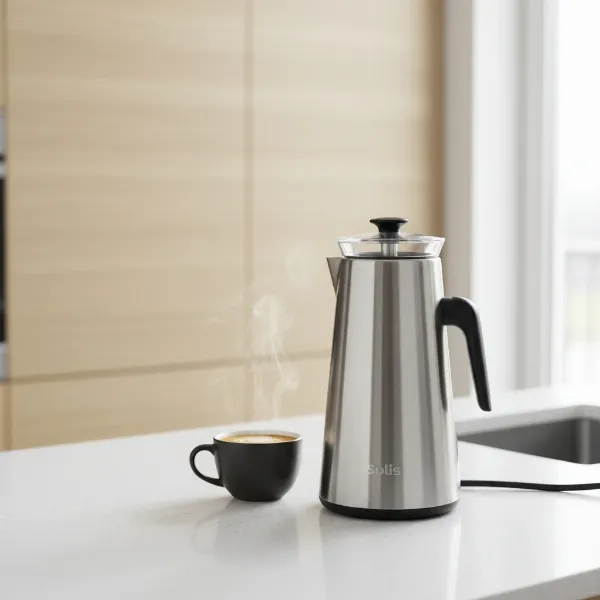 Solis Cremalatte milk frother on a modern kitchen counter with a coffee cup beside it, ready for use.