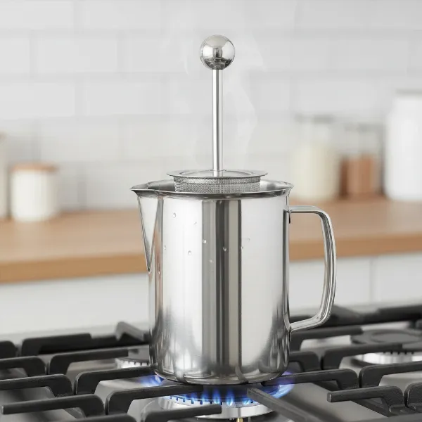 Stainless steel manual plunger-style milk frother on a stovetop, ready for frothing.