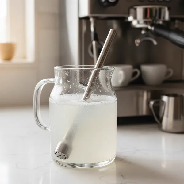 An espresso machine steam wand and tip soaking in a specialized cleaning solution.