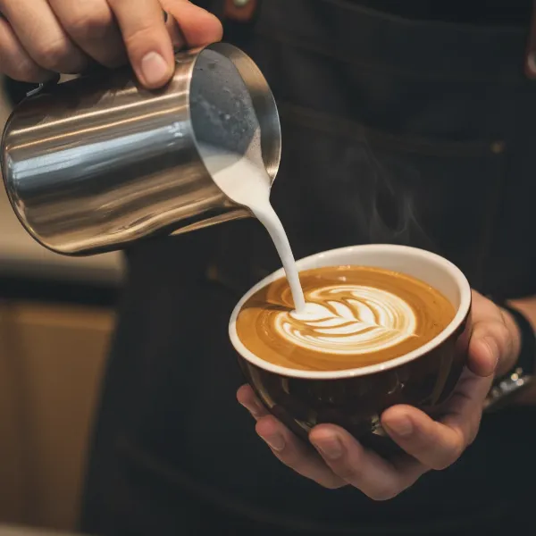 A barista pouring microfoam steamed milk into espresso for latte art, showcasing velvety texture.