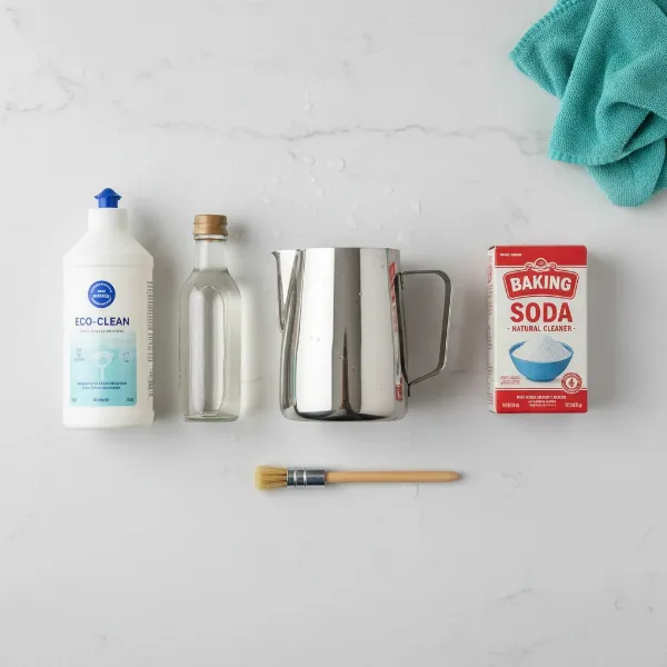 A collection of milk steamer jug cleaning tools: a stainless steel jug, dish soap, white vinegar, baking soda, a soft brush, and a microfiber cloth.
