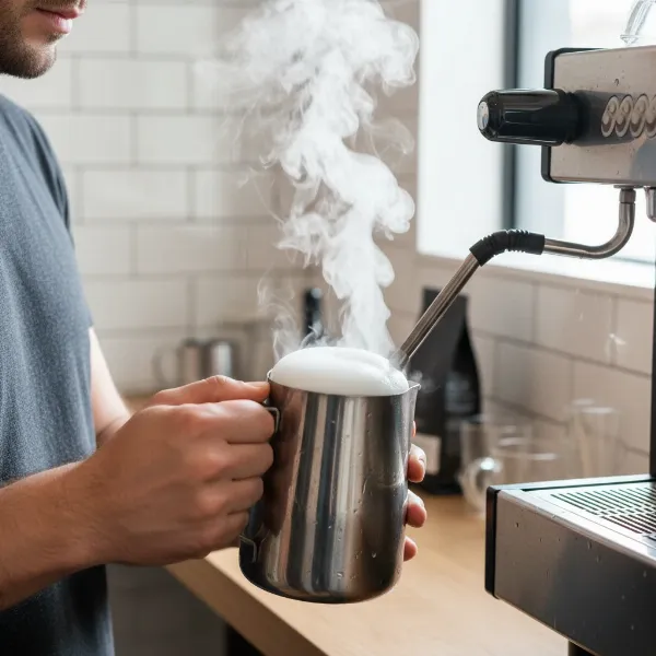 Person demonstrating correct technique for steaming almond milk with a steam wand for a creamy latte.