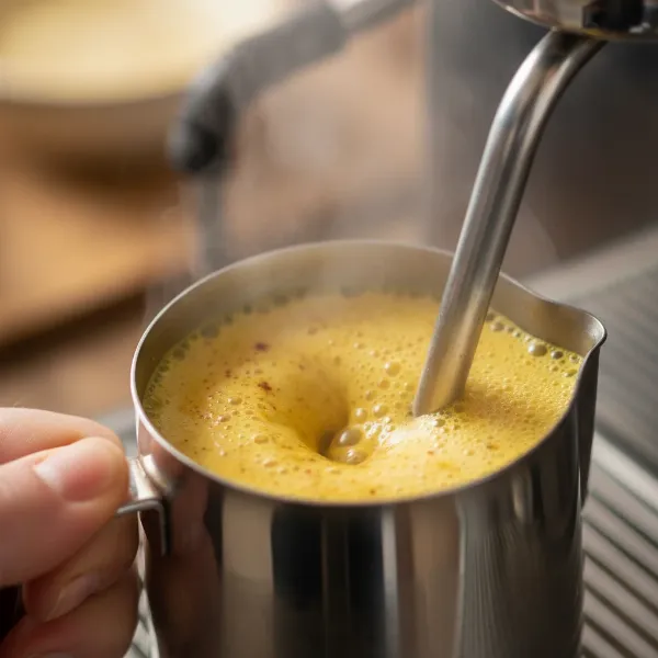 Hands using an espresso machine steam wand to froth golden milk in a stainless steel pitcher.