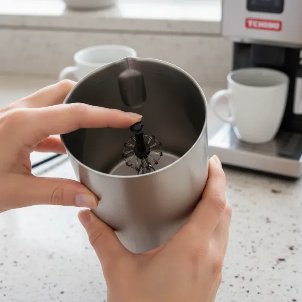 A person checking the whisk inside a Tchibo Induction Milk Frother, illustrating troubleshooting.
