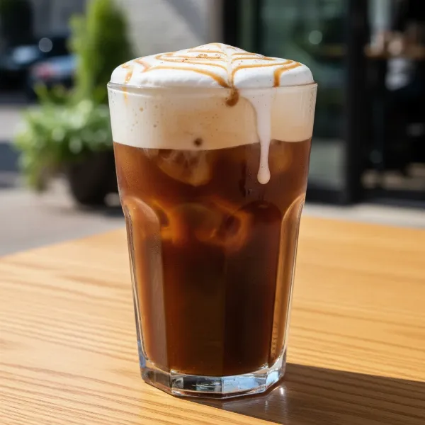 A tall glass of layered cold brew with white cold foam on top, ready to drink.