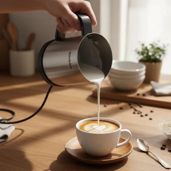 Hands pouring perfectly frothed milk from an automatic frother into a cup of coffee, creating a latte or cappuccino.