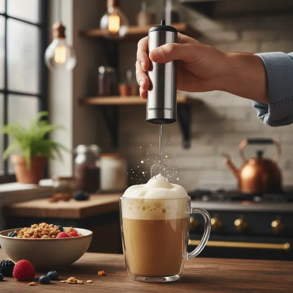 Handheld electric milk frother creating creamy foam in a clear glass of latte, demonstrating versatility with different milk types.