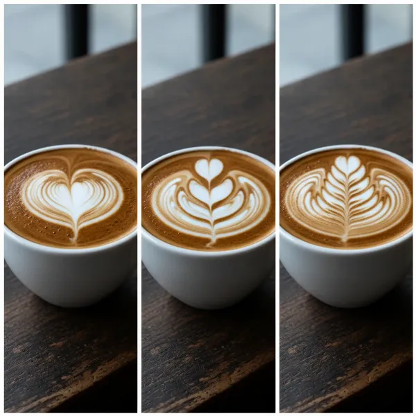 Various latte art designs being poured, including a heart, tulip, and rosetta.