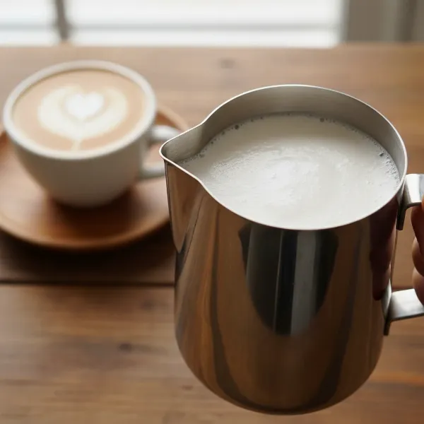 A perfectly frothed pitcher of velvety microfoam milk, ready for pouring latte art into a coffee cup, showcasing the smooth, glossy texture.